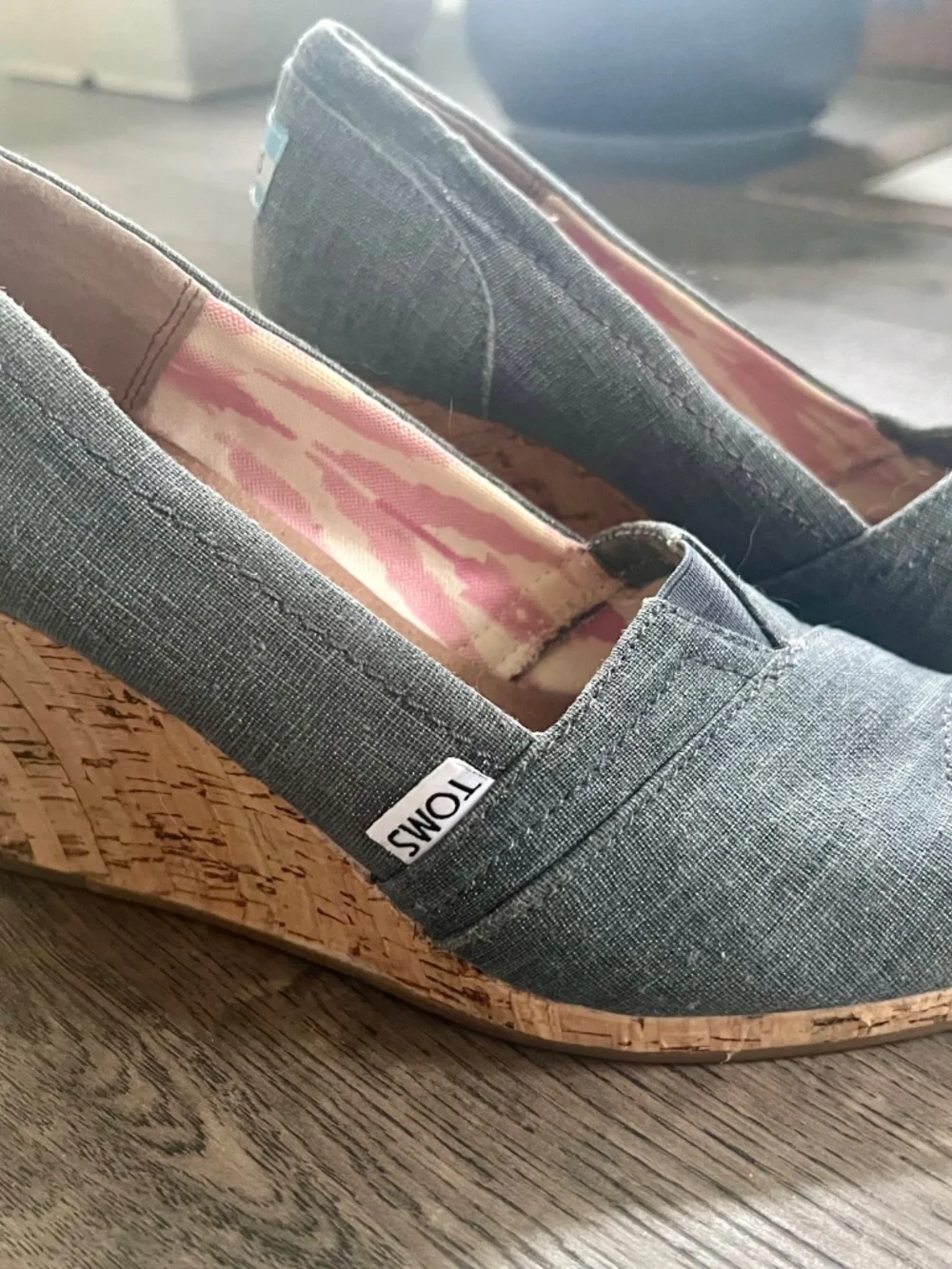 Tom’s wedge heels in denim with silver metallic fleck Size 7